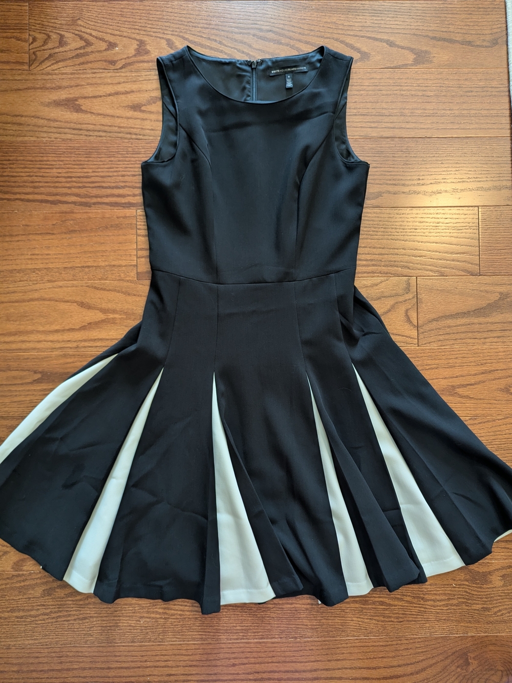 WHBM Sleeveless Black Fit-and-Flare Dress with Ecru Contrast Pleats